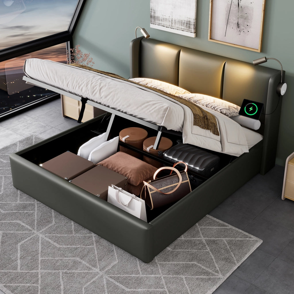Letto matrimoniale – 140x200 cm – luce USB contenitore – PU grigio