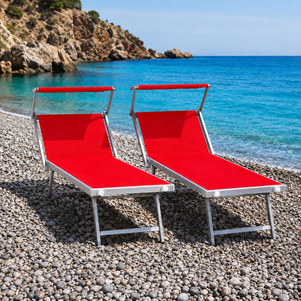 Coppia Di Lettini Prendisole Pieghevole Professionale In Alluminio Tettuccio Orientabile Tettino Parasole Sdraio Lettino Prendi Sole Mare Spiaggia Piscina Giardino 182 x 60 x 38 cm Rosso