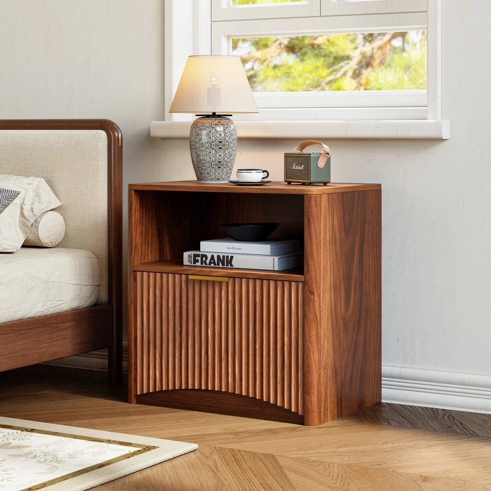 Comodino con Cassetto Aperto e Maniglie Dorate ¨C MINIMAL ¨C Effetto Noce