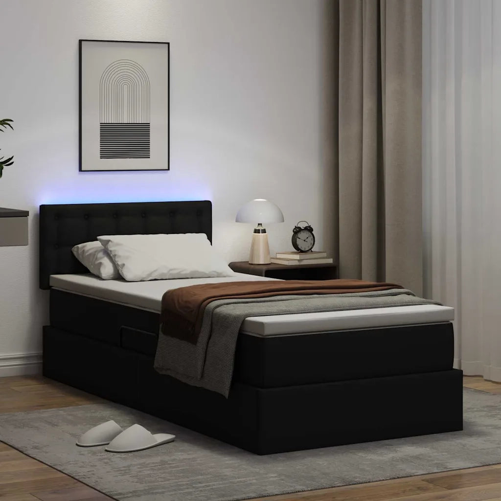Letto con contenitore e LED Nero 90 x 200 cm Pelle Sintetica