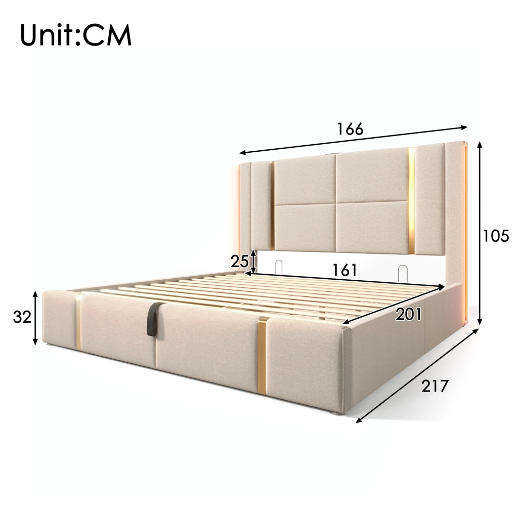LETTO Matrimoniale 160x200 cm in lino beige con LED, USB e porta Type-C