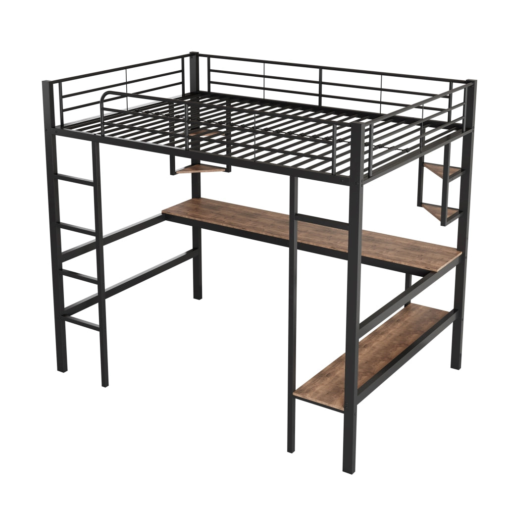 Letto a castello nero in metallo con scrivania e scaffali 90x200 cm
