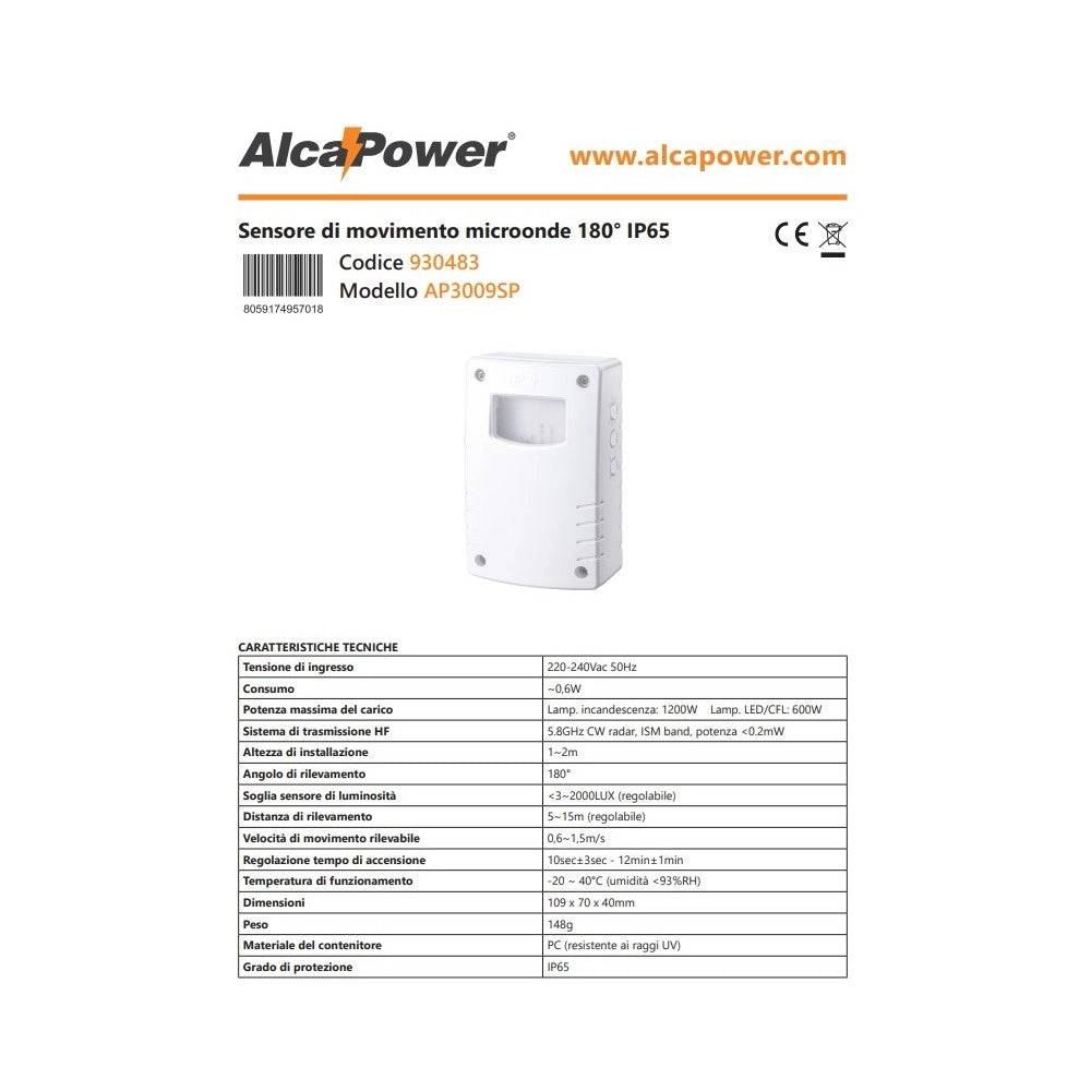 Alca power sensore di movimento microonde 180° ip65