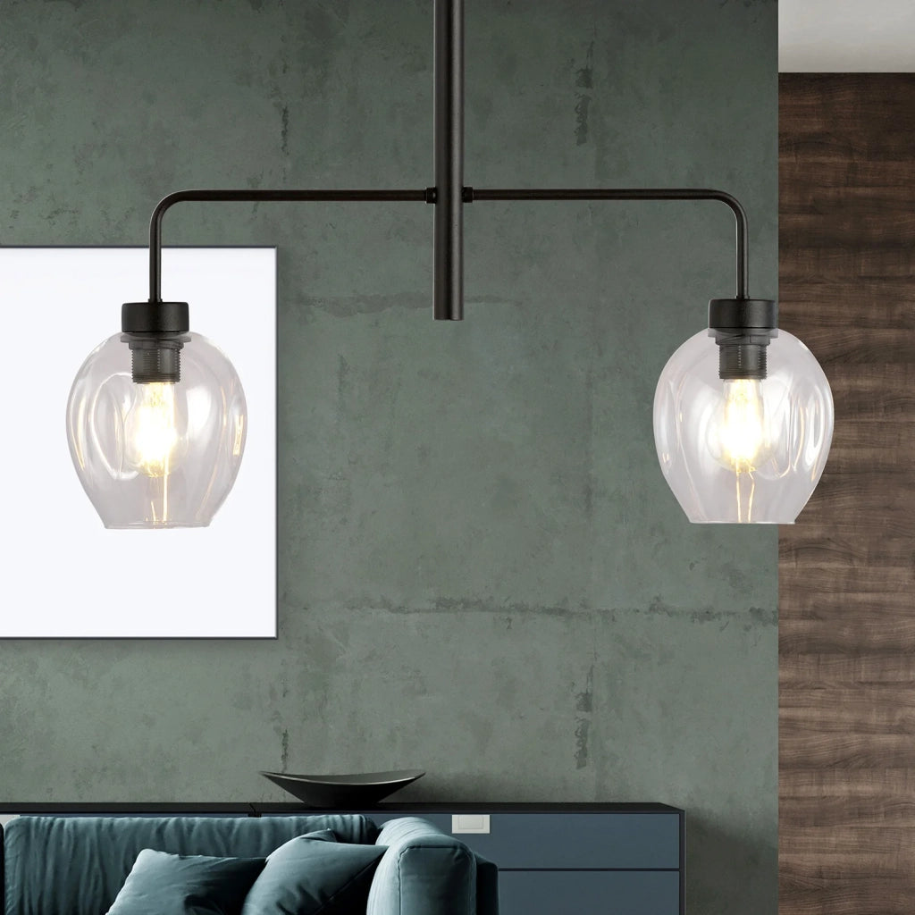 Lampadario Moderno 2 Luci Auriga In Accaio Nero E Vetro Trasparente
