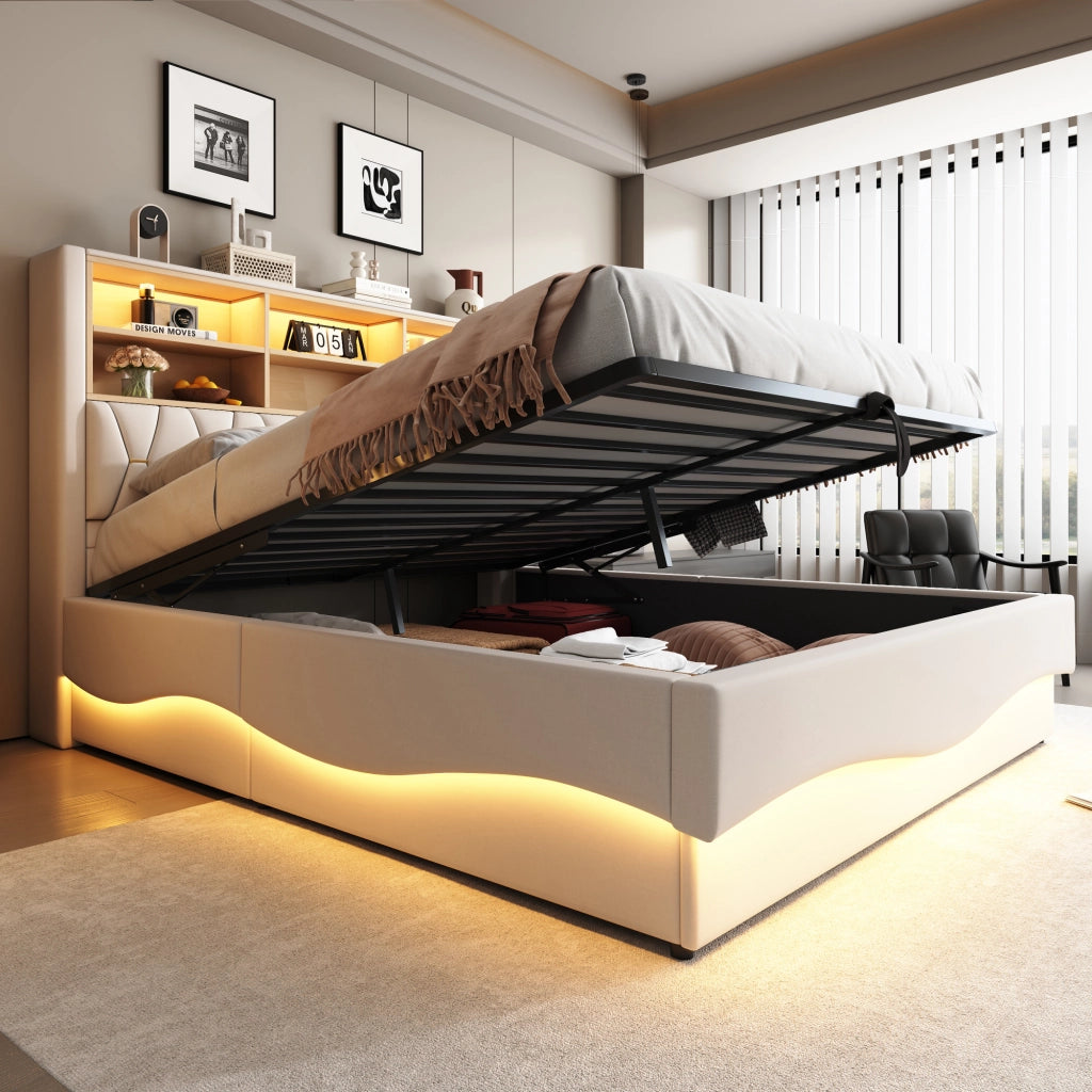 LETTO Contenitore 180x200 cm Beige in ferro con LED e USB
