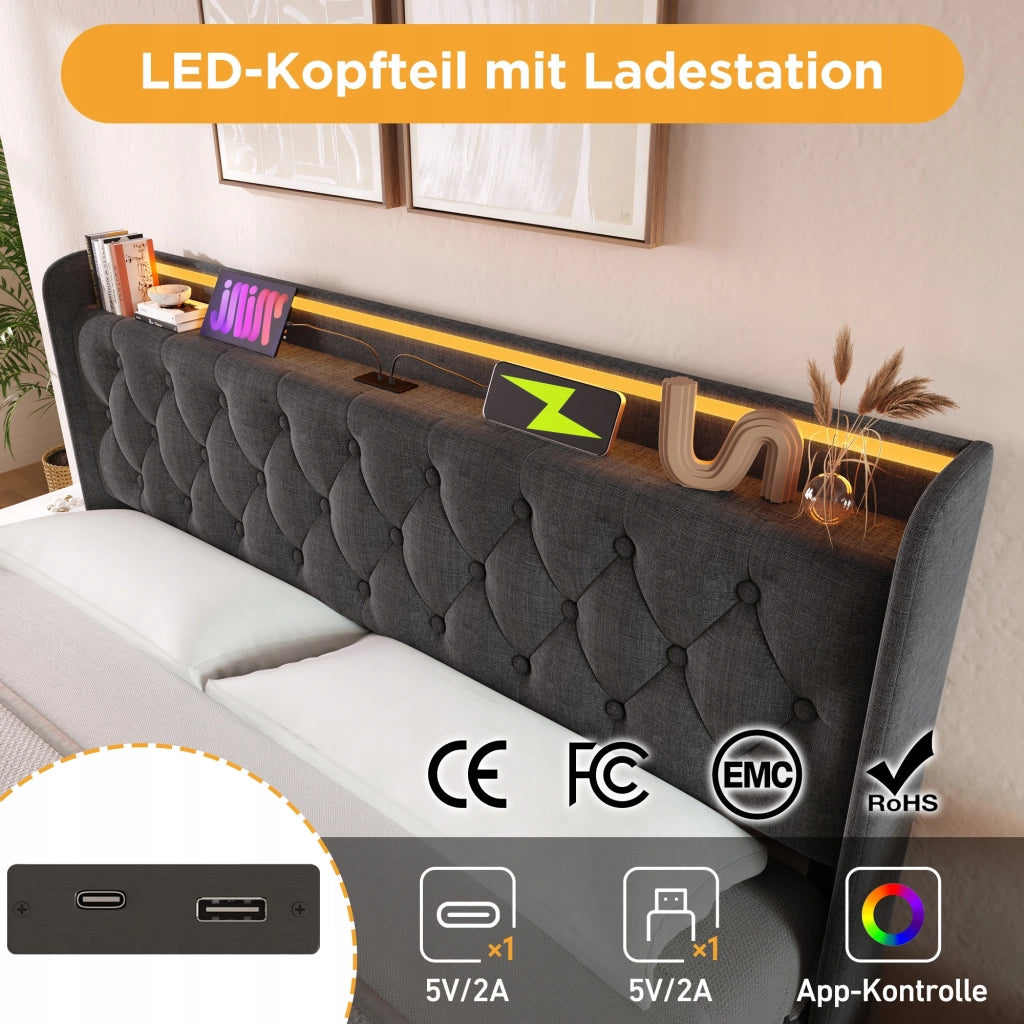 Letto imbottito 140x200 - Xylo - Grigio, idraulico, LED, USB-C
