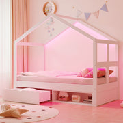 Letto Singolo con Cassetti e LED ¨C MINIMAL ¨C Bianco, Rete a Doghe, 90x190