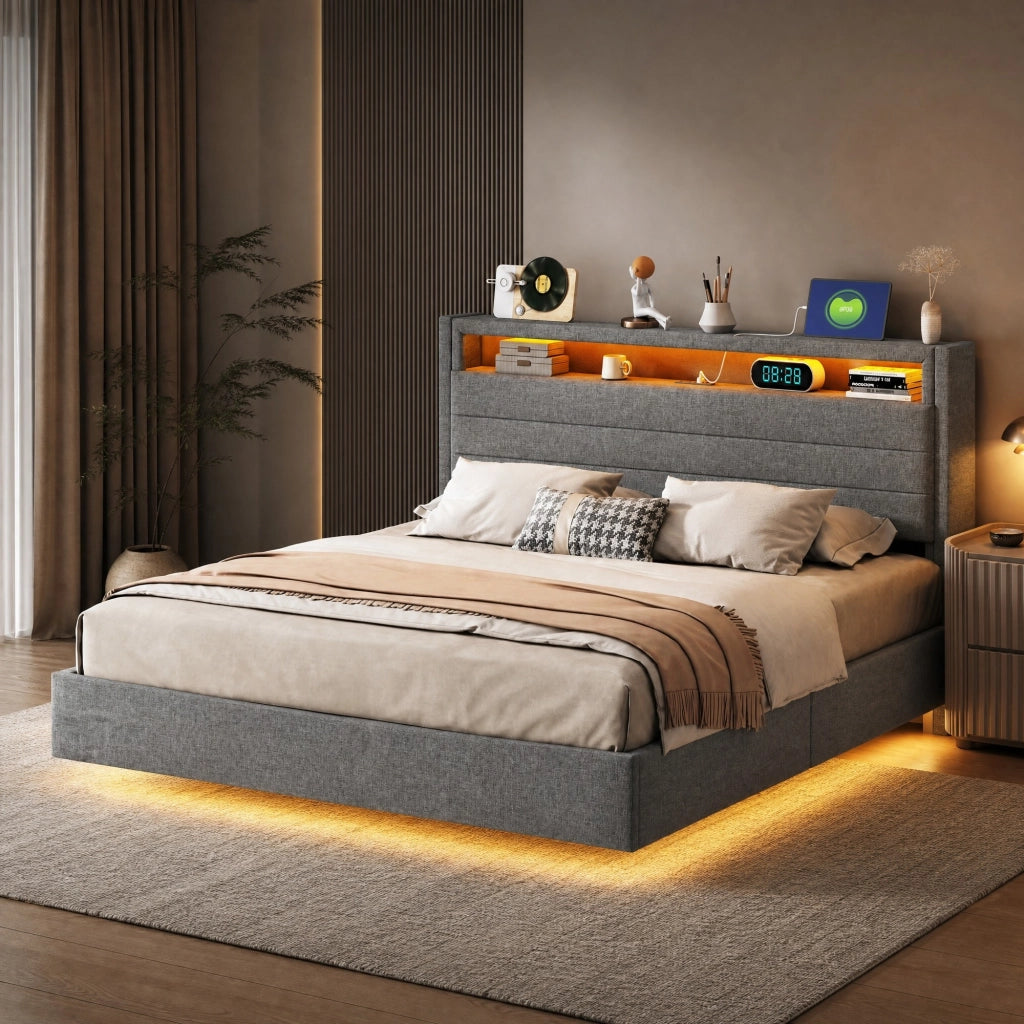 LETTO Imbottito Contenitore 140x200 cm Grigio con USB e LED