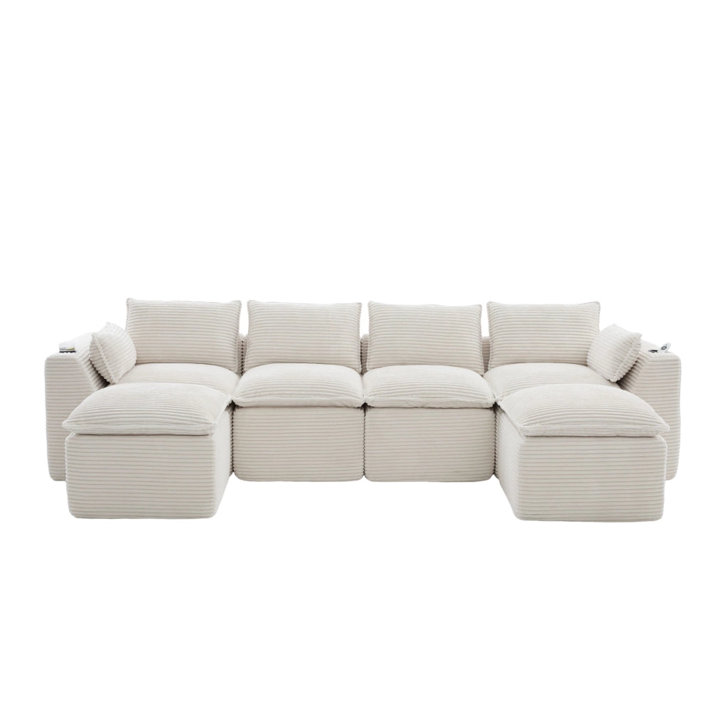 Divano Modulare 4 Posti con Poggiapiedi, Cuscini e Portabicchieri ¨C MINIMAL ¨C Beige, Tessuto a Coste