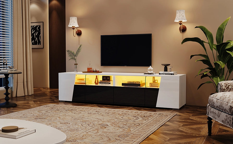 Mobile TV stand bianco e nero in MDF e vetro; lunghezza 180 cm