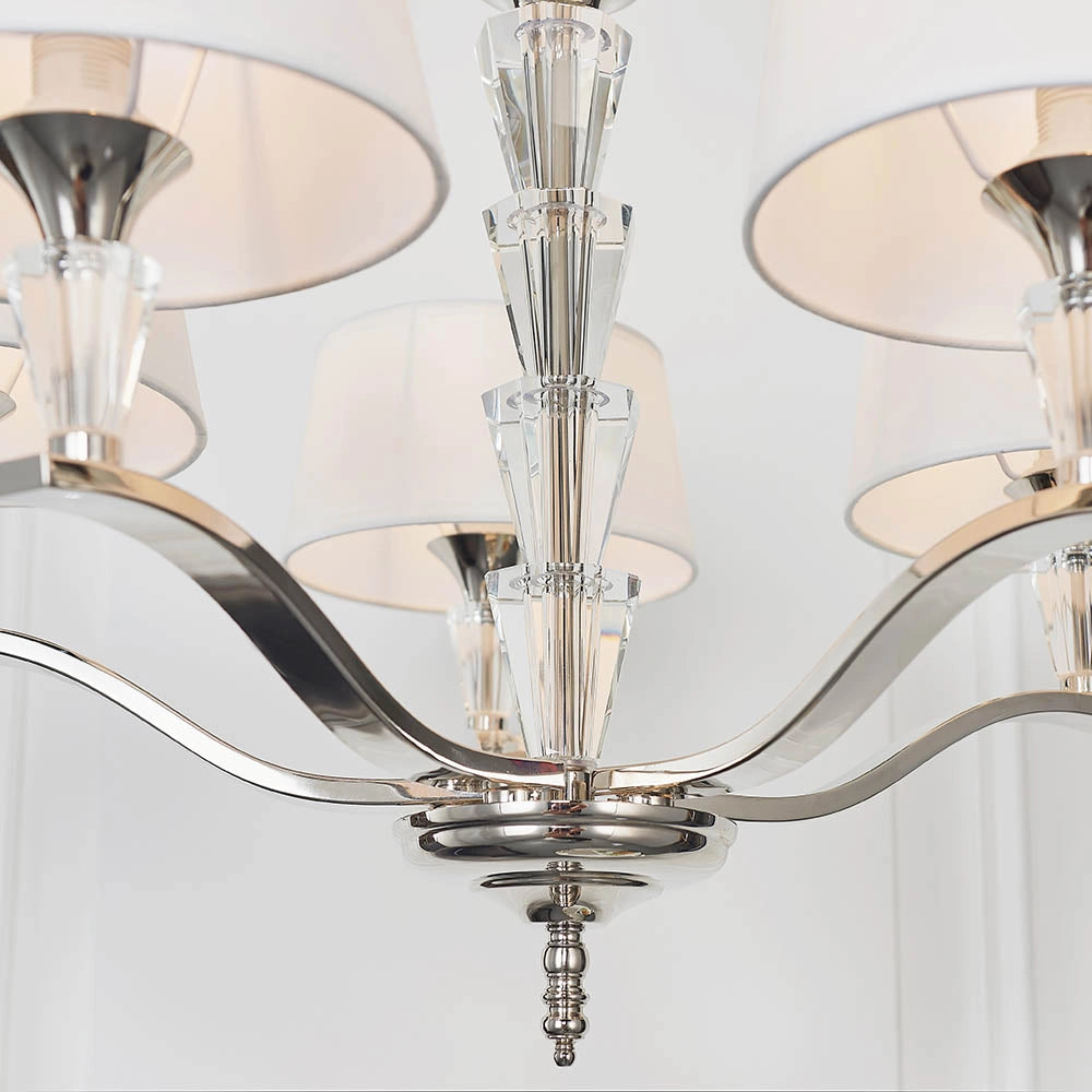 Lampadario 5 luci paralumi bianchi cromato cristalli E14