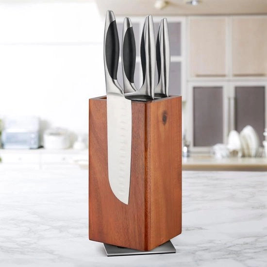 Blocco di misurazione magnetica senza misure, blocco di misurazione magnetica rotante 360° in acacia con inserto di pelo di maiale, organizzatore di coltelli in legno per la cucina, supporto magnetico per coltelli