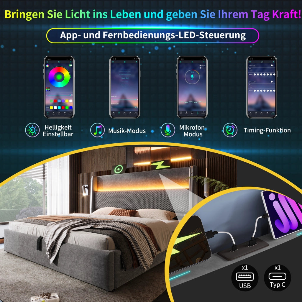 LETTO Contenitore 180x200 cm Grigio in lino con LED e presa USB/Type-C