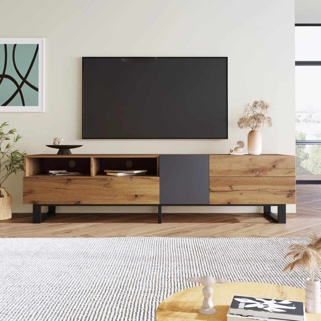 Cassettiera per TV nero e grigio in MDF lunghezza 180 cm