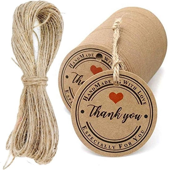 Etichette di carta 100 pezzi - Etichette di regalo - Corda di juta 20 m - Regali di nozze - Compleanni - Fai da te - Carta di alta qualità 300 g/m² - Carta di regalo personalizzata