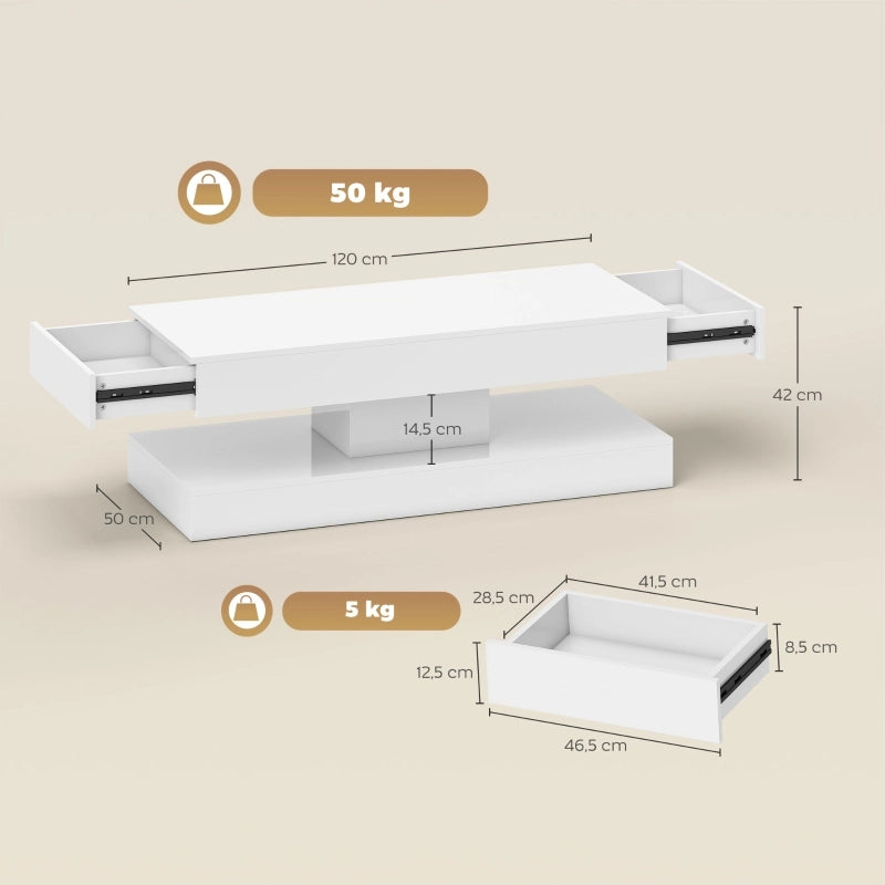 Tavolino basso con LED, 2 cassetti e vano aperto, finitura lucida, per soggiorno, in truciolato, bianco, 120 × 50 × 42 cm
