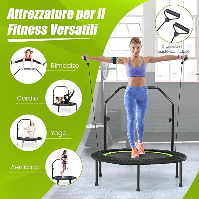 Mini Trampolino Pieghevole 101cm, Trampolino Fitness per Adulti e Bambini,con Maniglia Altezza Regolabile, Capacità di Carico 150 kg
