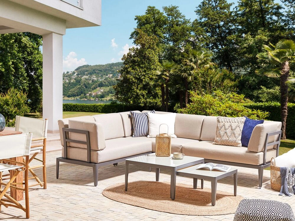 Set Divano da Esterno in Alluminio grigio e cuscini beige a 6 posti Patio Moderno