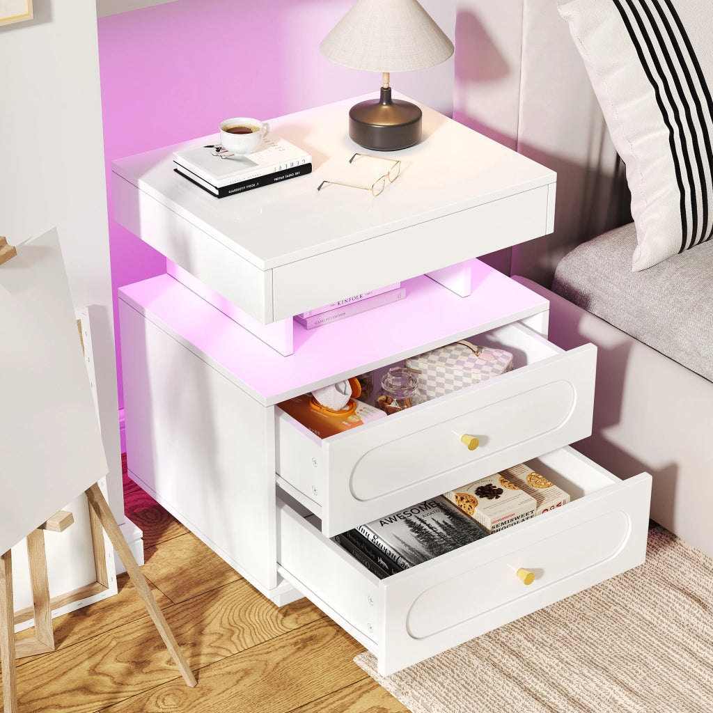 Comodino con LED e 2 Cassetti ¨C MINIMAL ¨C Bianco 50x40x60 cm