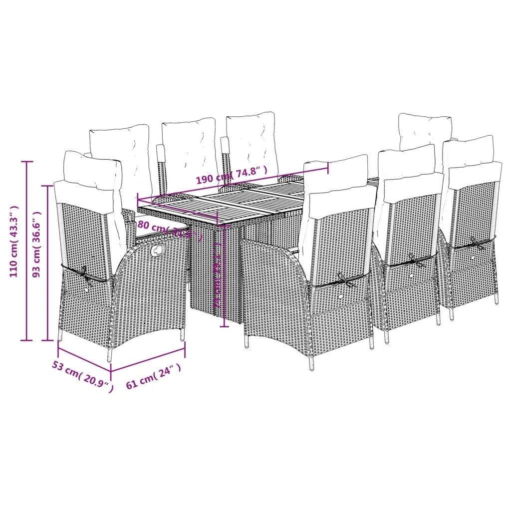 Set da Pranzo da Giardino 9 pz con Cuscini Nero in Polyrattan 3213140