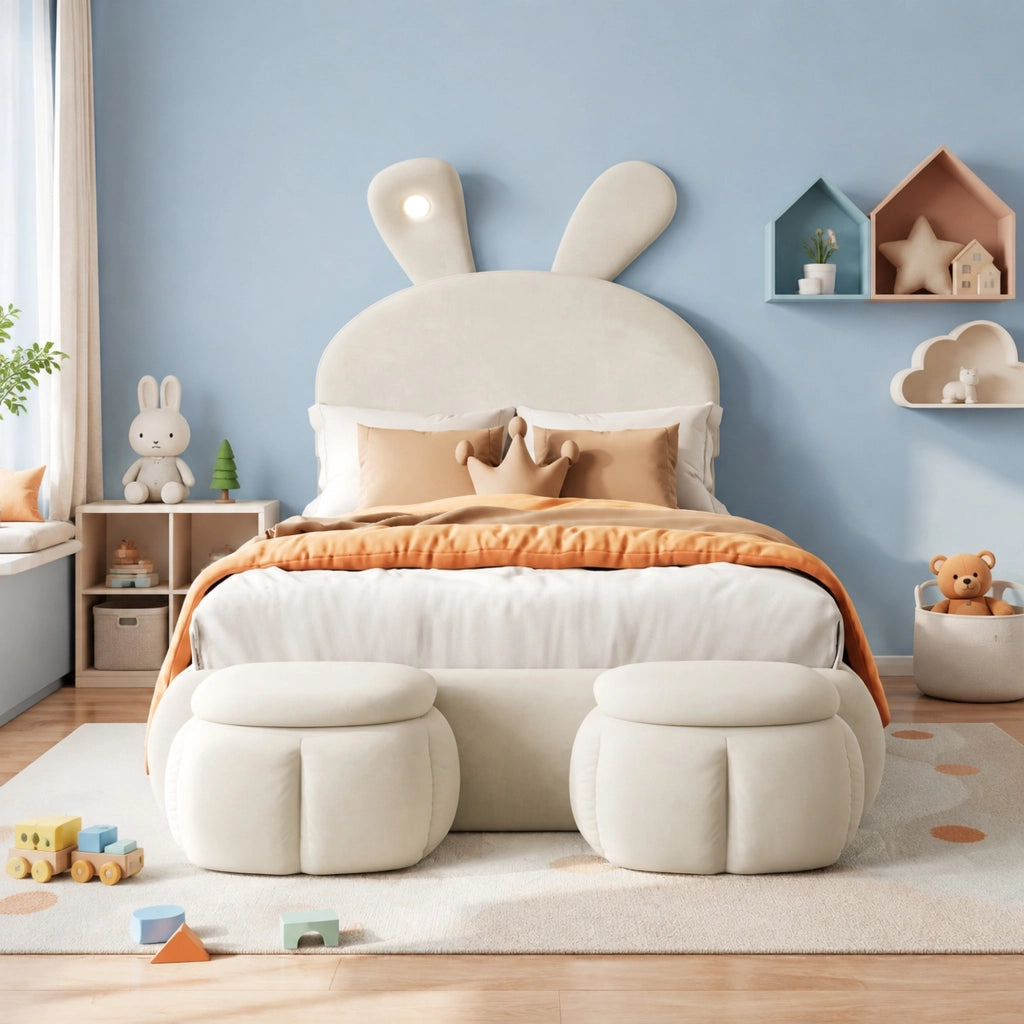 LETTO Singolo 90x200 cm in velluto beige con 2 pouf contenitore e luci LED