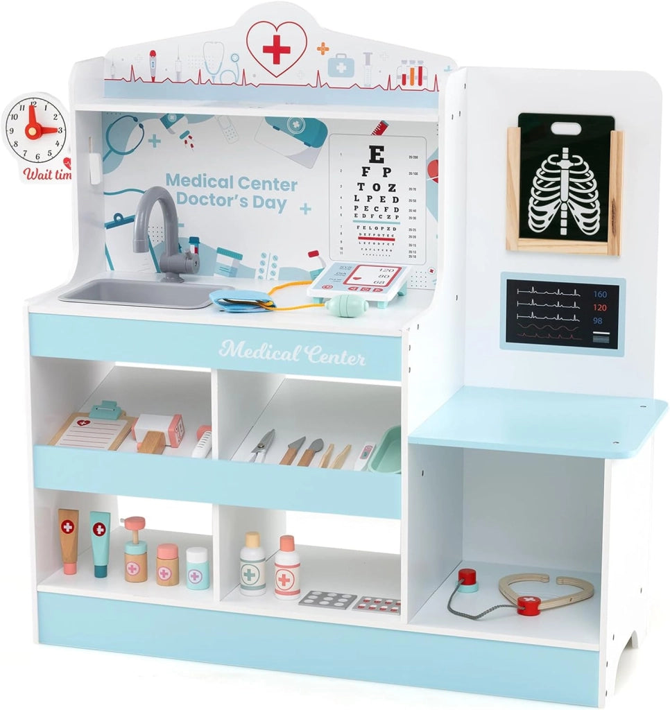 Set da Gioco Dottore in Legno, Centro Medico per Bambini con Orologio, Lavandino, Tabella Oculistica, Monitor ECG, Area Esame e 24 Accessori Giocattolo, 97 × 30,5 × 88 cm (Blu)