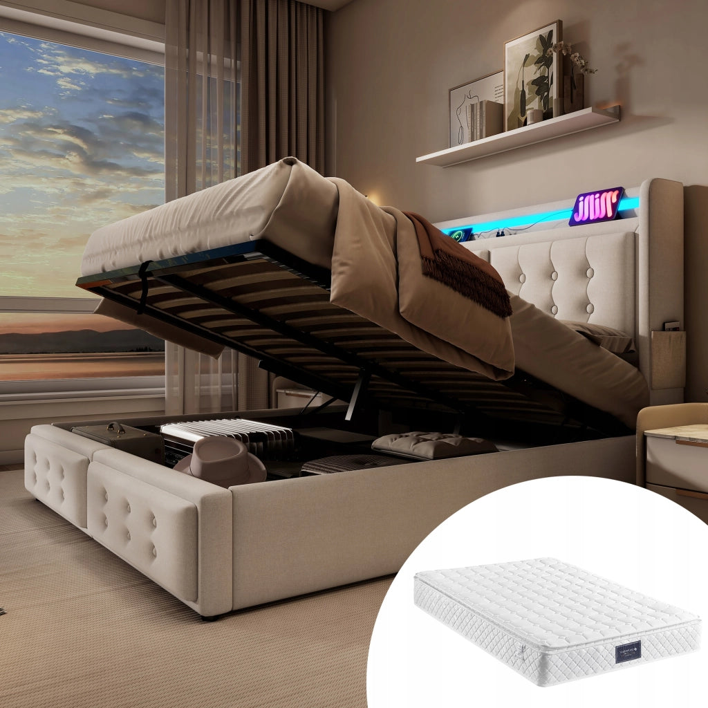 Letto imbottito 160x200 - Xylo - Beige con funzione di ricarica USB-C