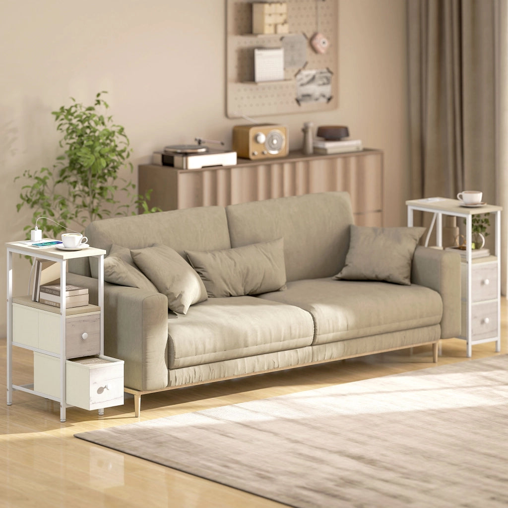 Tavolino ¨C Minimal ¨C Tessuto naturale, 2 cassetti, con presa AC e USB