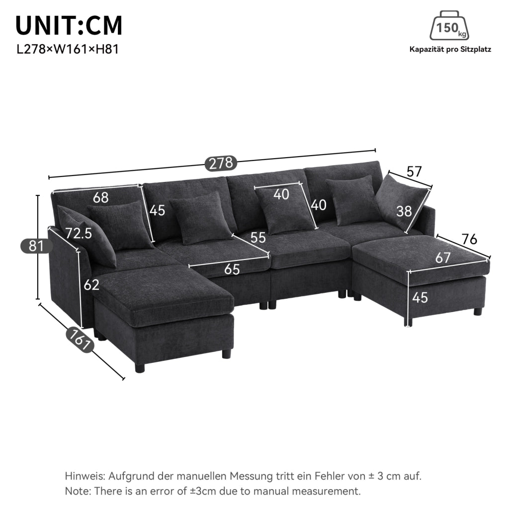 Divano modulare 4-6 posti con 2 pouf e 6 cuscini; 278x161x81 cm; in chenille grigio