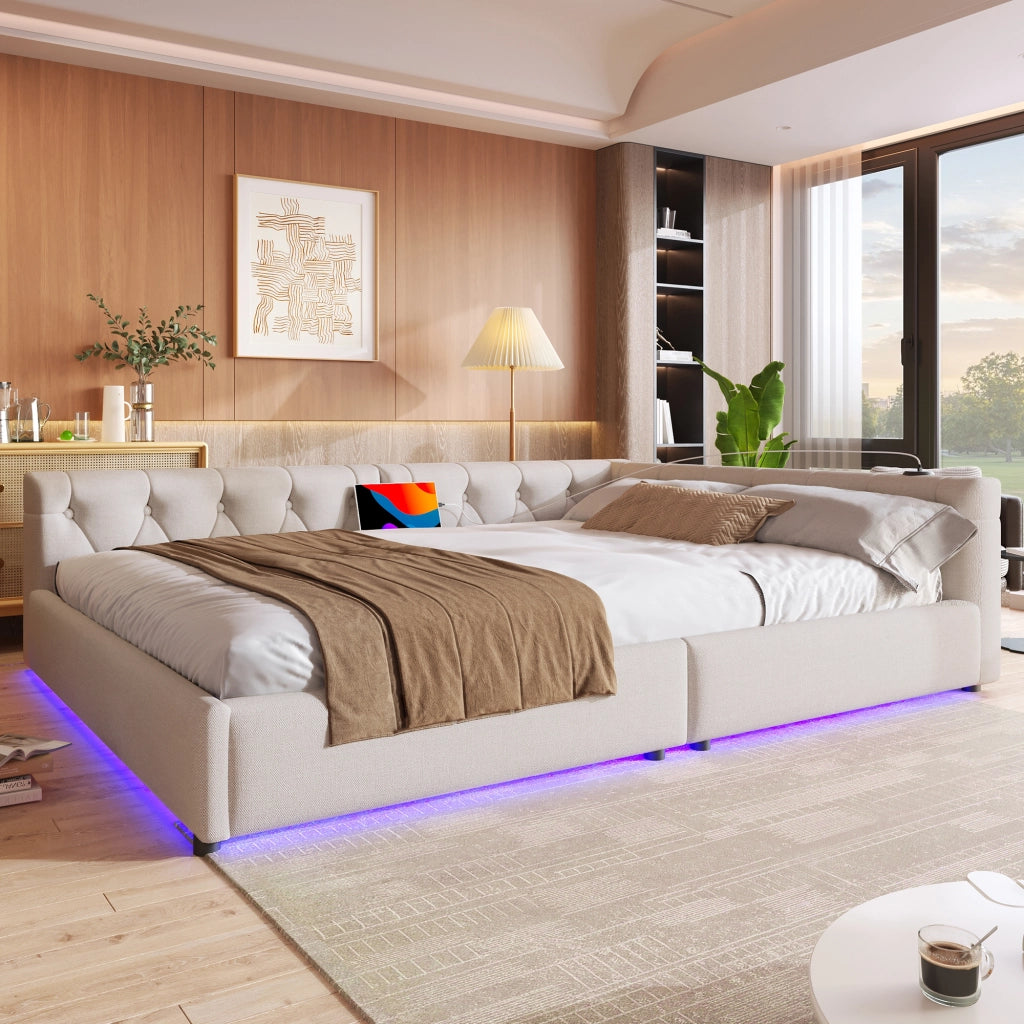 Letto divano con rete a doghe in lino beige 140x200 cm