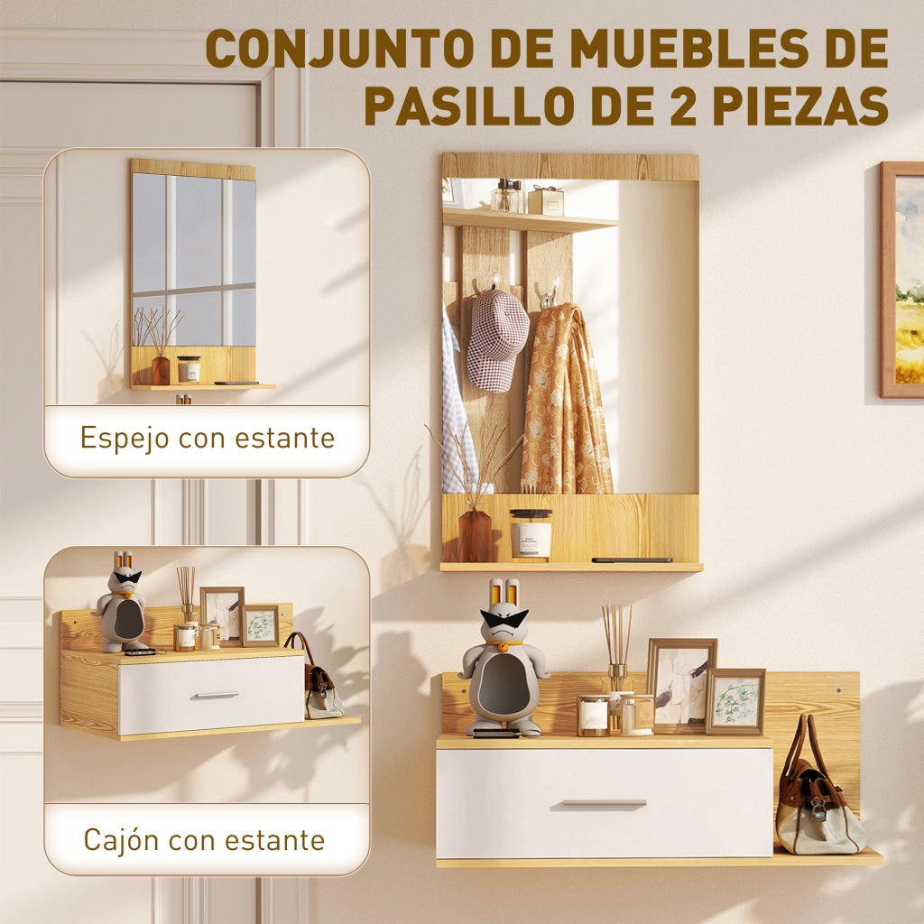 Mobile da Ingresso con Specchio ¨C Xylo ¨C Legno Naturale con Cassetto e 2 Ripiani