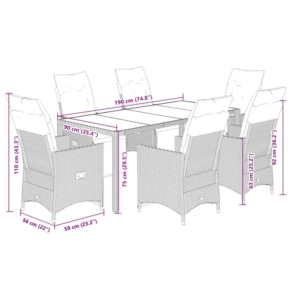 Set da Pranzo da Giardino 7 pz Nero con Cuscini in Polyrattan 3276859