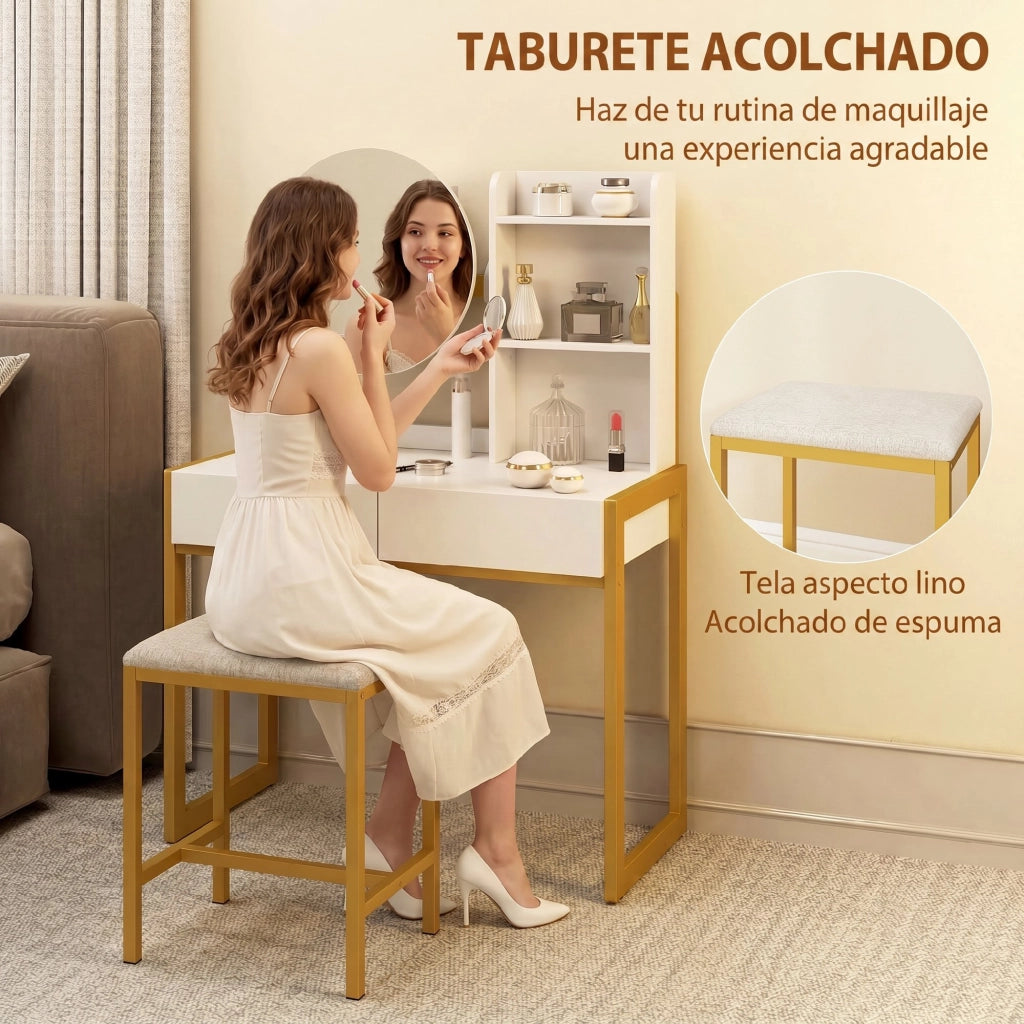 Cassettiera con Specchio e Sgabello ¨C Xylo ¨C Bianca con 2 Cassetti e 3 Ripiani