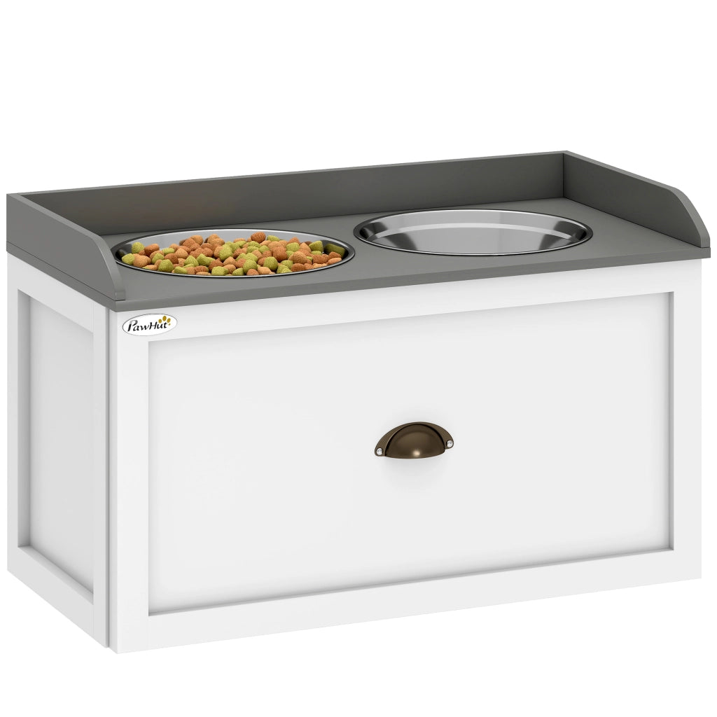 Stazione di alimentazione per cani grandi ¨C Xylo ¨C 2 ciotole 2L, acciaio inox, cassetto, bianco+grigio, 60x30x36cm