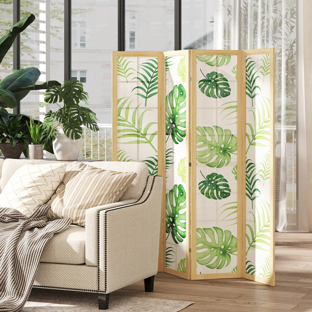 Paravento pieghevole 4 pannelli ¨C Xylo ¨C legno, design tropicale boho, verde