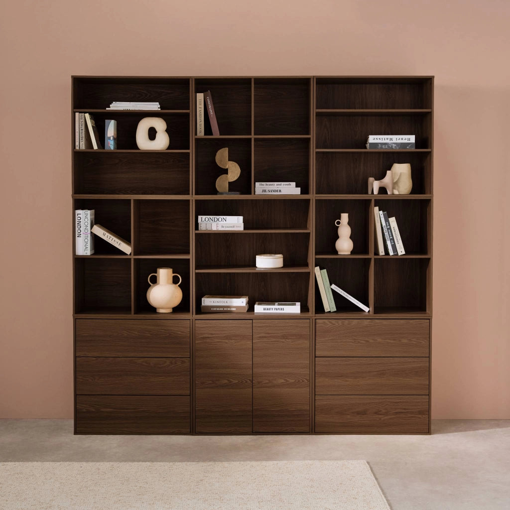 Libreria modulare decorativa in legno con 9 elementi, noce