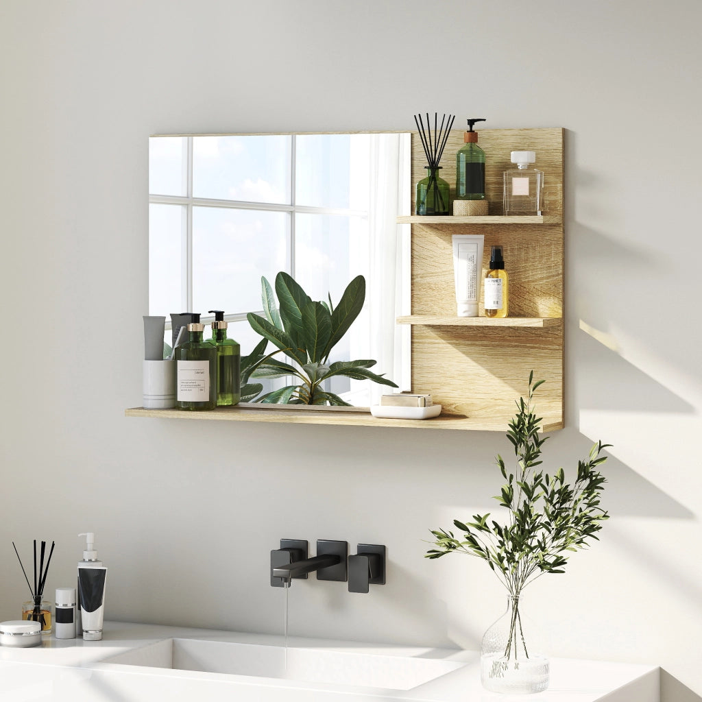 Specchio Bagno con Ripiani Laterali e Inferiore in Legno e Vetro ¨C Minimal ¨C 75x10x48 cm