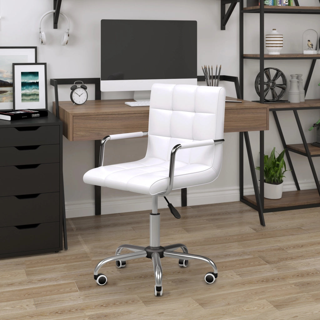 EasyComfort Sedia da Ufficio in pelle PU Bianca con 5 Ruote Girevoli, Imbottitura e Altezza Regolabile, 52.5x54x84-99cm