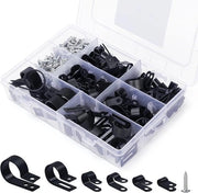 Assortimento di cavi a clip nylon in plastica nera.