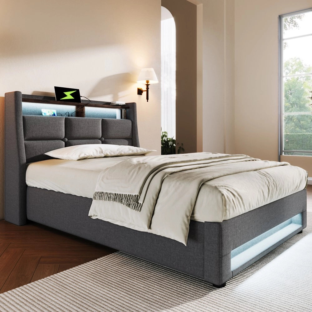Letto Singolo Imbottito con LED e Rete a Doghe ¨C MINIMAL ¨C Tessuto Lino, 90x200