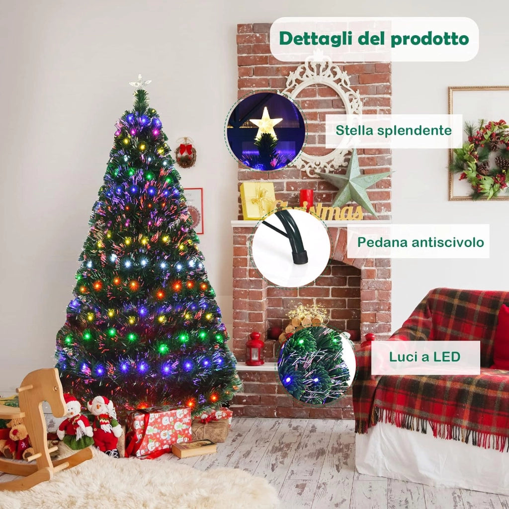 Albero di Natale 150/180/210 cm in Fibra Ottica di Vetro con Luci Incorporate 8 Modalità 6 Colori e 180/230/280 Rami e Stella, per Festa (180 cm)