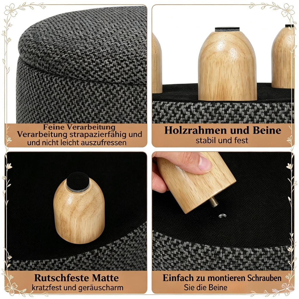 Pouf contenitore rotondo con vassoio in legno, lino e MDF, Grigio scuro