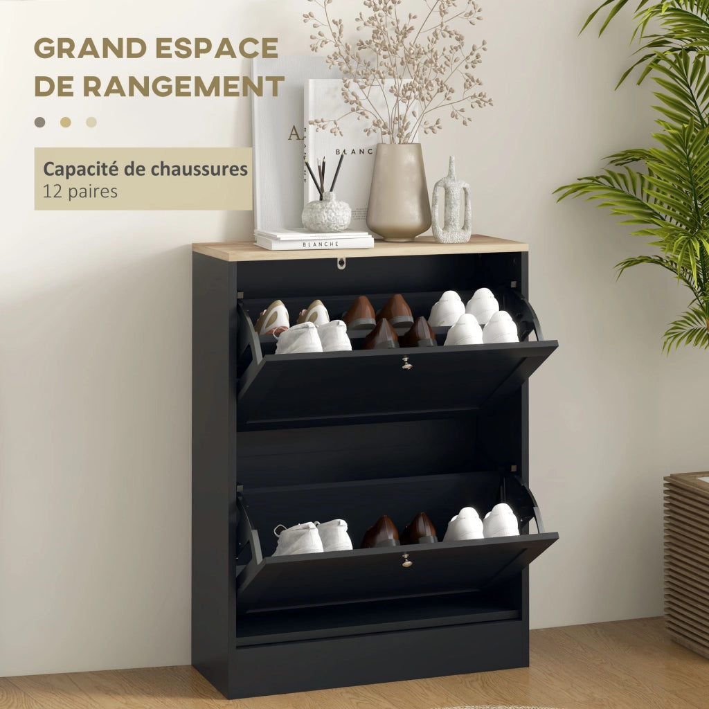 Scarpiera con 2 Cassetti e Ripiani Regolabili ¨C zephmum ¨C Nero 60x23.5x80cm