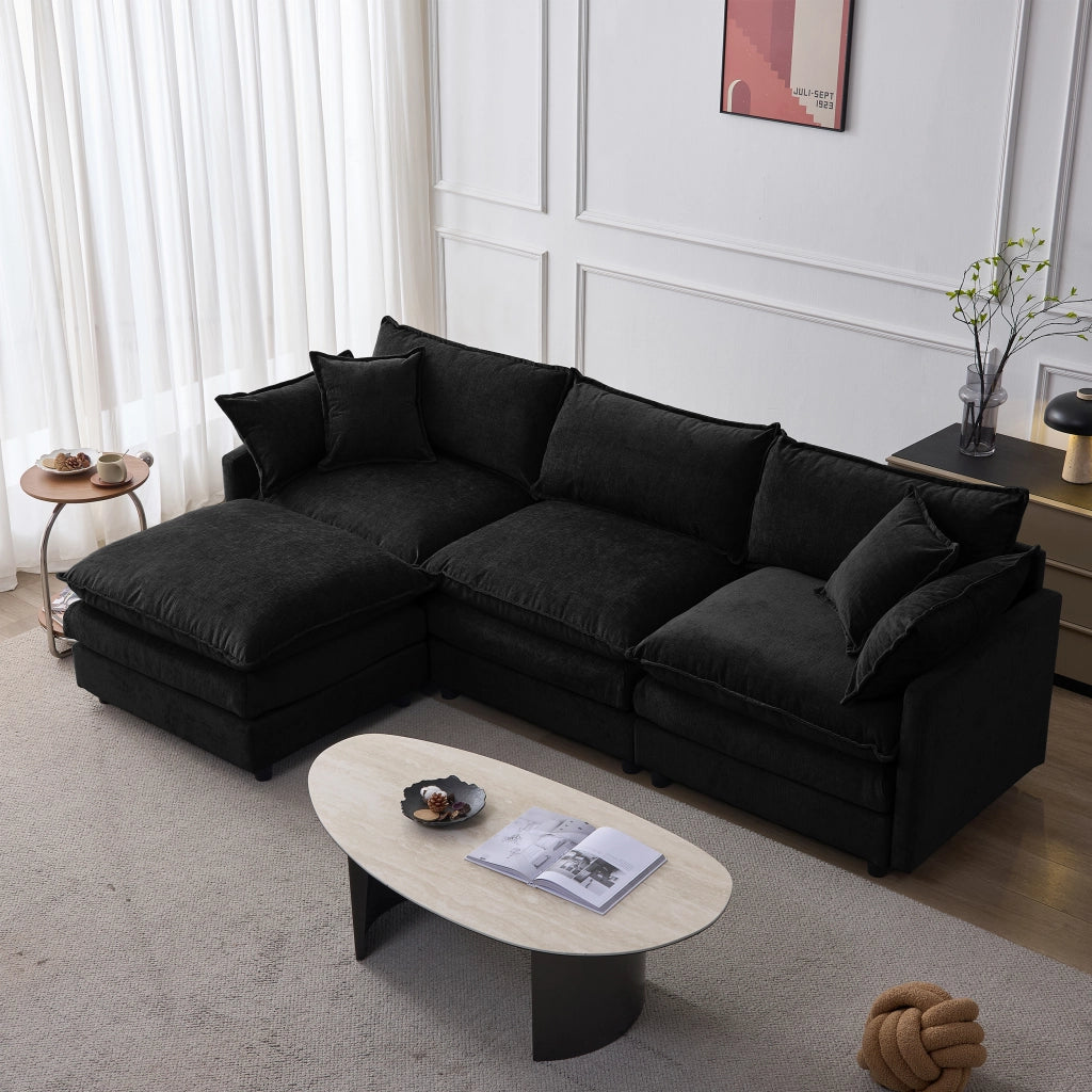 Divano angolare modulare 3 posti con pouf mobile chaise longue e rivestimento sfoderabile in chenille nero