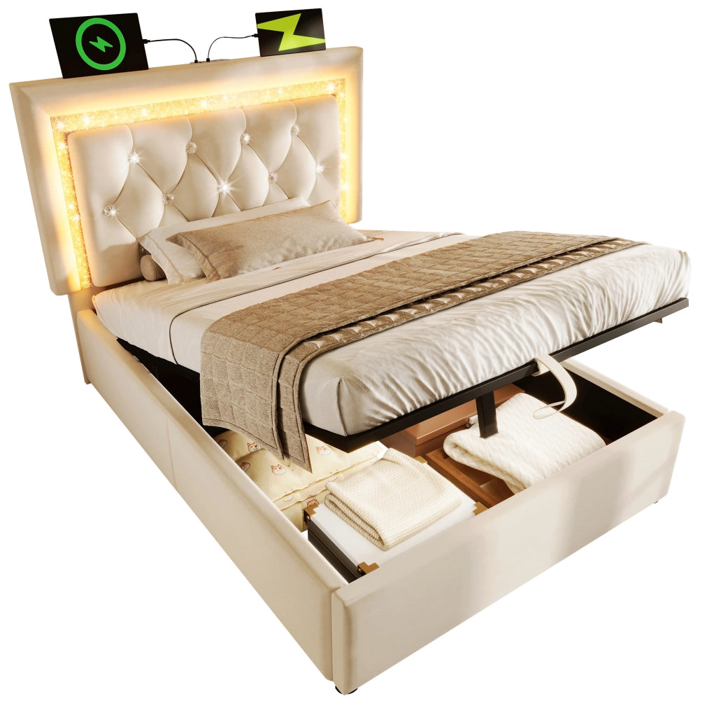 Letto singolo 90x200 cm con contenitore; LED e porta USB C; velluto beige