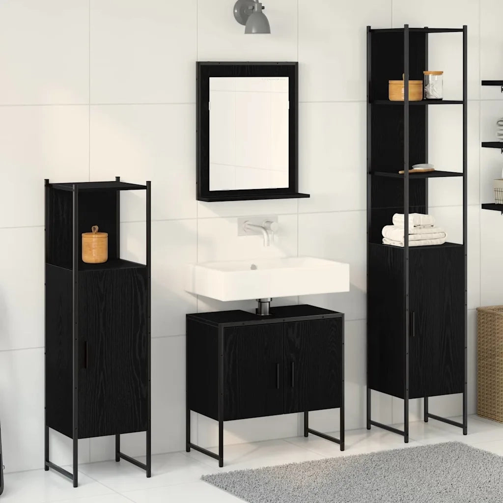 Set di mobili per il Bagno | Armadio da bagno 4 pz Nero Legno multistrato