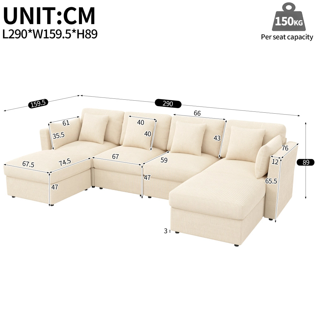 Divano angolare a U 4-6 posti con braccioli regolabili e pouf, in velluto a coste Beige