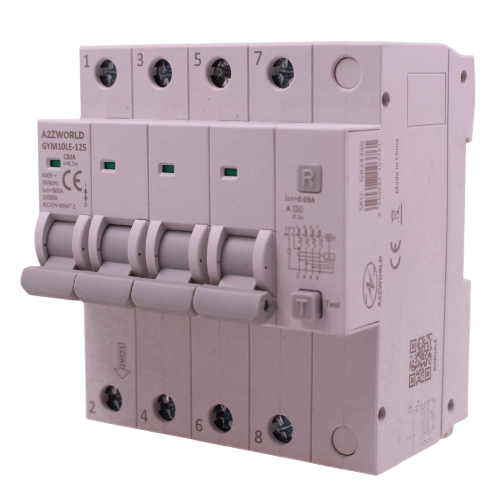 RCBO Interruttore Magnetotermico Differenziale Tipo A Curva C 4P Veri 5M 10kA 30mA, AC 400V IP20, GYM10LE-125, Disponibili 63A 80A 100A (C80A)