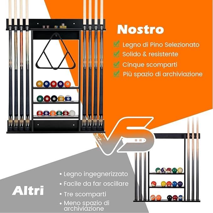 Porta Stecche da Biliardo in Legno Massello, a Parete Può Ospitare 8 Stecche 15 Palle e 1 Portapalle, Attrezzatura per Sala da Biliardo Club e Bar (Nero)
