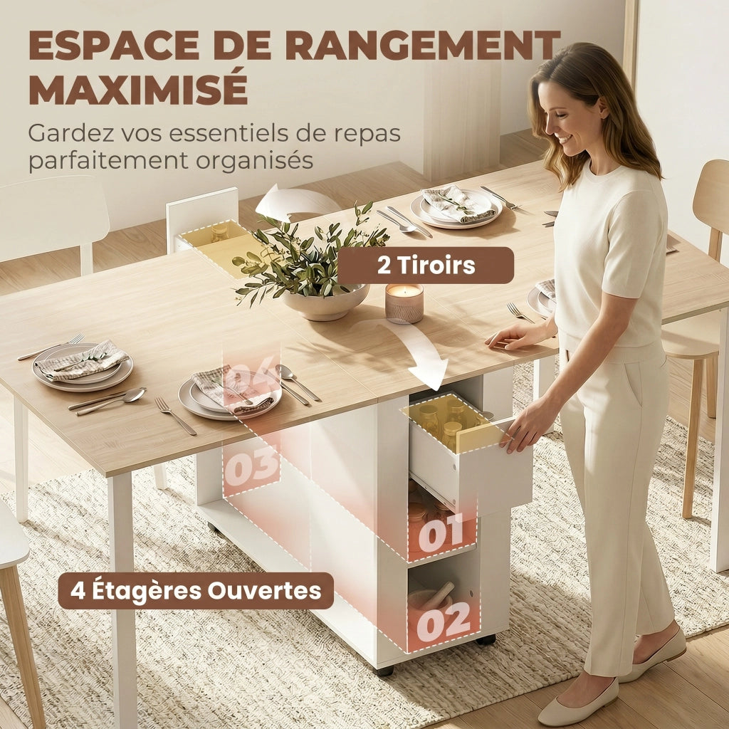 Tavolo da pranzo pieghevole per 6 persone con 2 cassetti e 4 ripiani ¨C zephmum ¨C bianco 39-168 cm